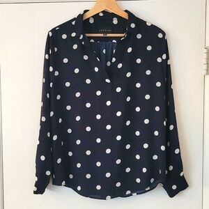 Premise navy blue long sleeve polka dot blouse size medium